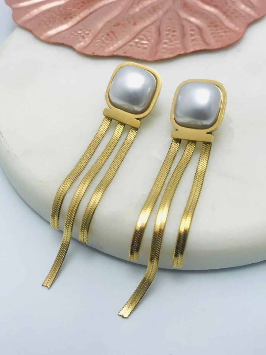 Rectangular Pearl Studded Long Snake Chain Hanging Earrings