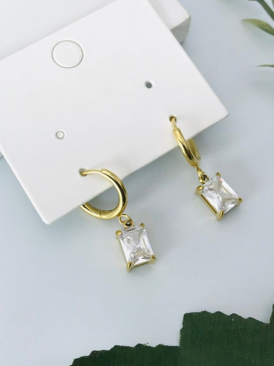 Rectangular White Stone Drop Golden Huggie Hoop Earrings
