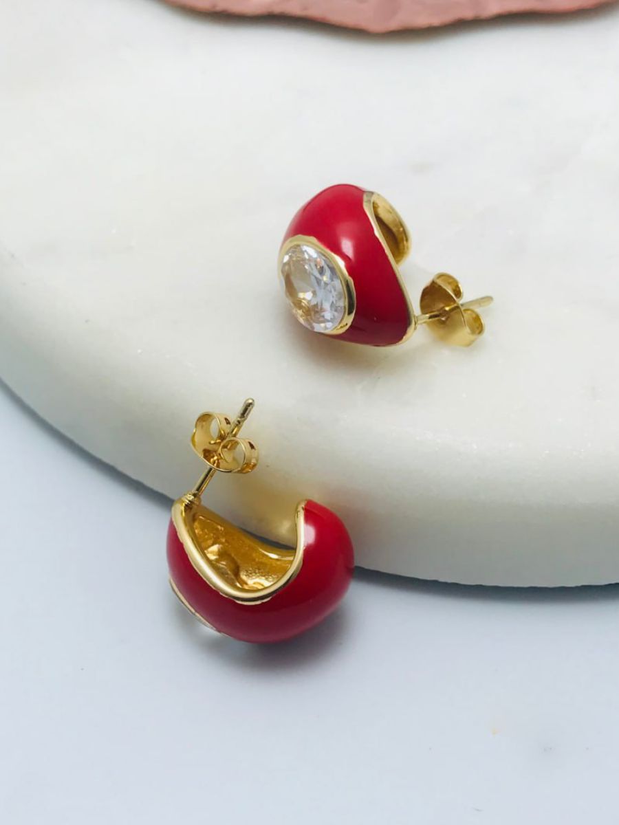 Red Enamelled Golden Diamond Half Hoop Earrings