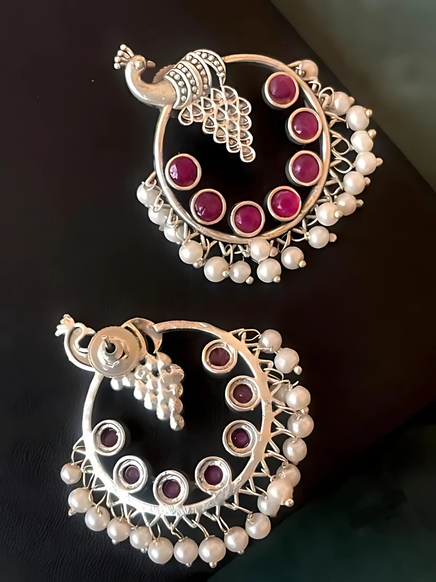 Oxidised Silver Red Stones Peacock Hoop Earrings