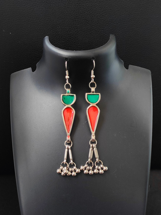 Red & Green Stone Studded Black Metal Afghani Earrings