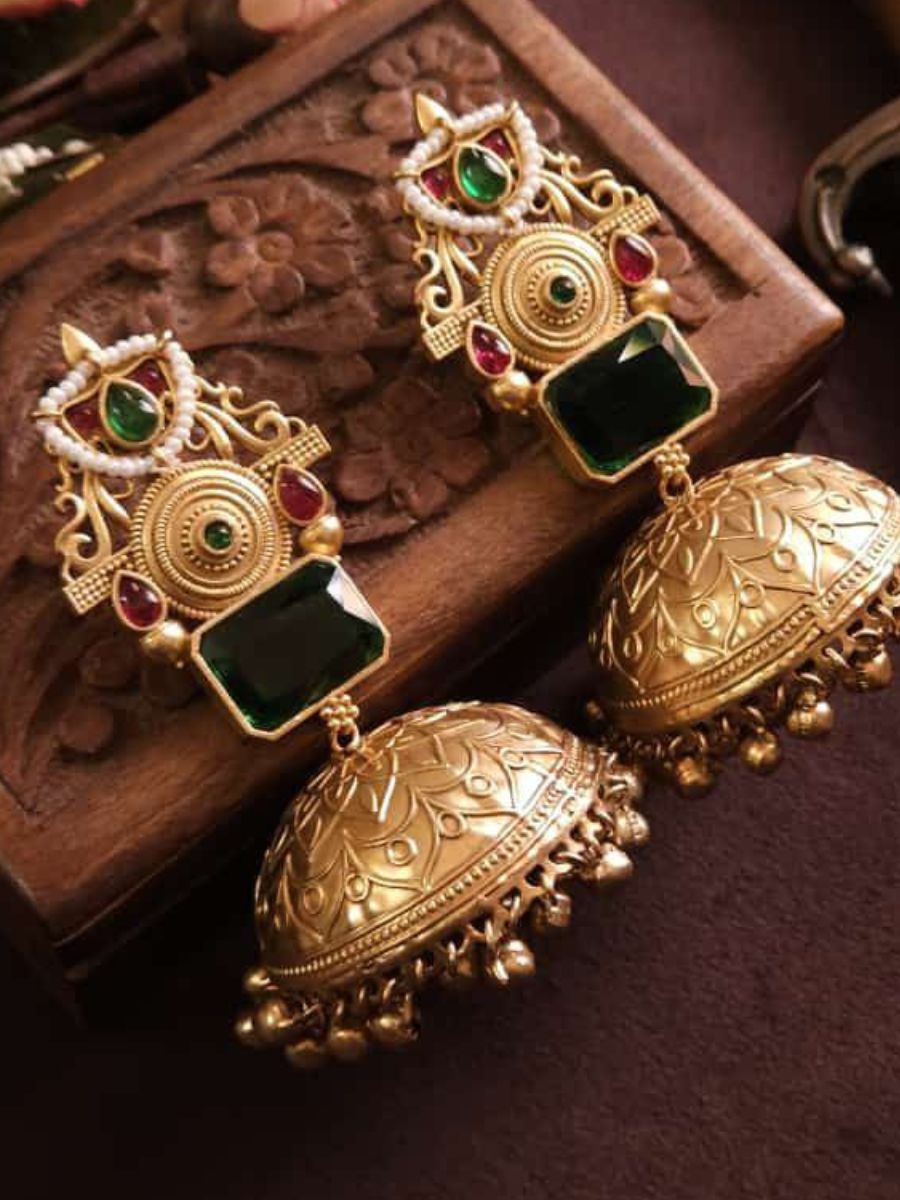 Red and Green Stone Golden Oxidised Jhumka Earrings