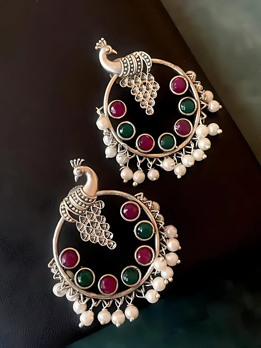 Buy Red and Green Stones Peacock Oxidised Silver Hoop Earrings Online - TheJewelbox