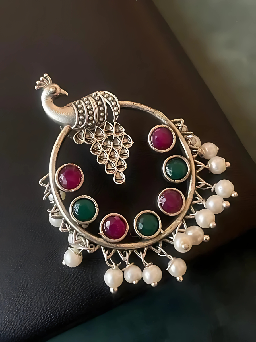 Red and Green Stones Peacock Oxidised Silver Hoop Earrings