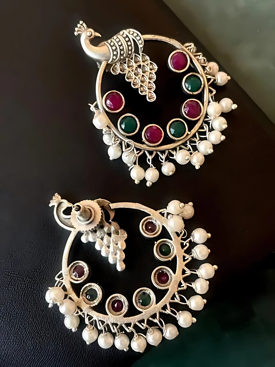 Oxidised Silver Red and Green Stones Peacock Hoop Earrings