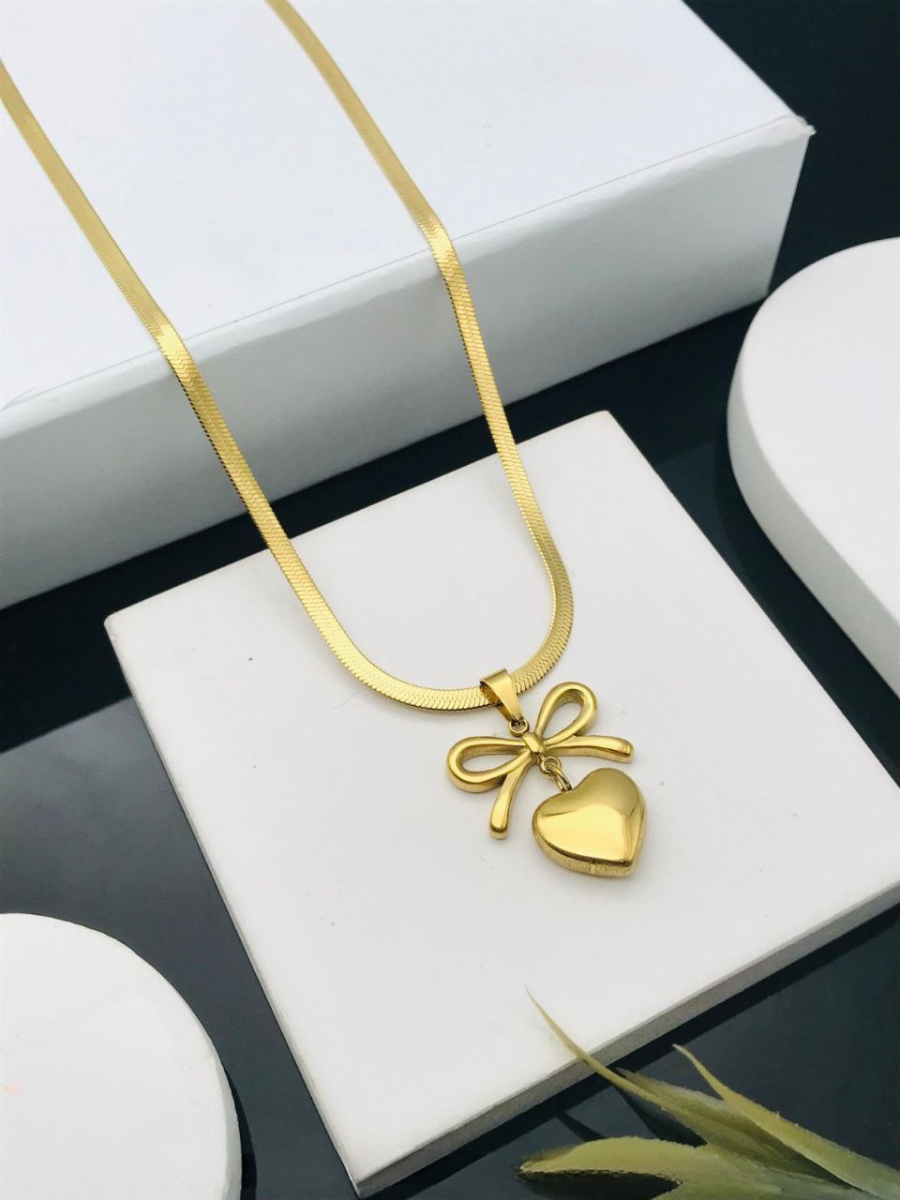 Buy Romantic Golden Bow and Heart Pendant Golden Necklace Online - TheJewelbox