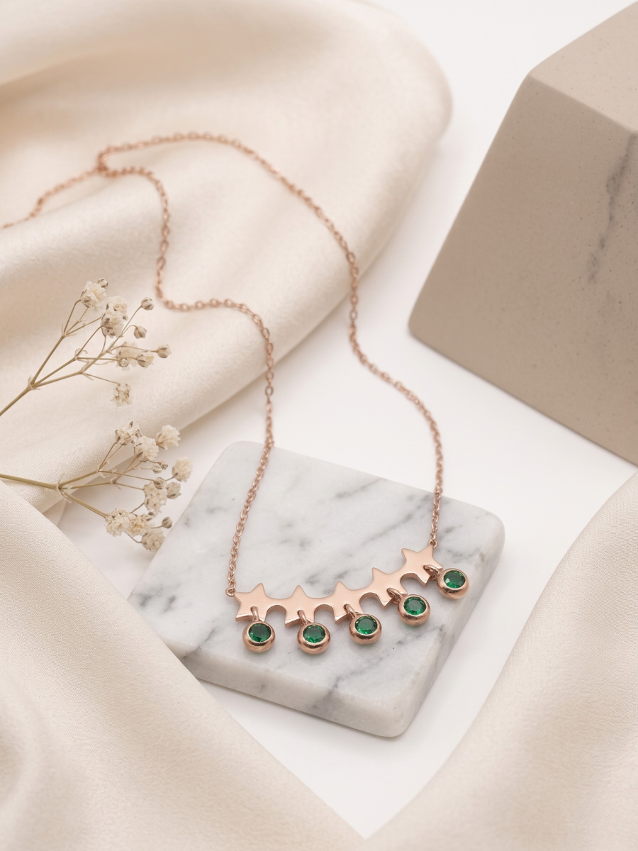 Buy Rose Gold Five Star Green Stone Pendant Necklace Online in India