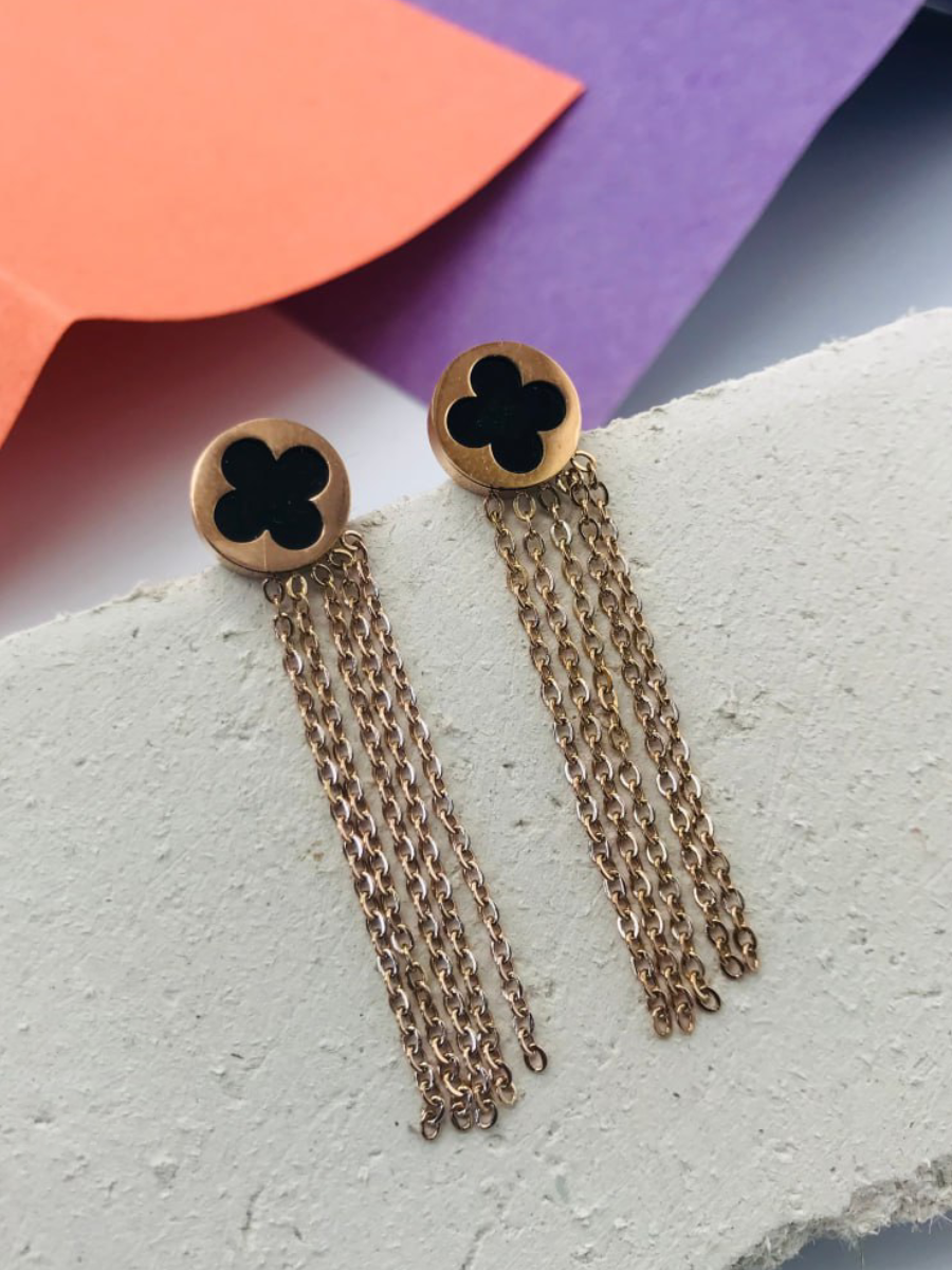 Rose Gold Long Tasselled Black Clover Dangler Earrings