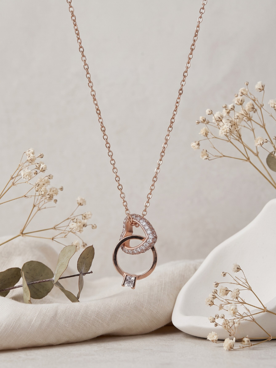 Buy Rose Gold Plated Interlocked Heart and Ring Pendant Necklace Online in India
