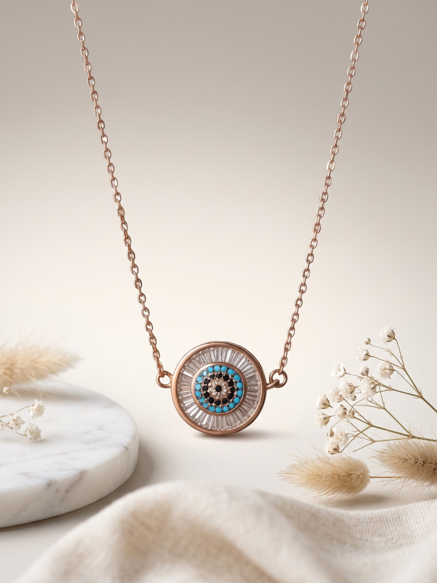 Buy Rose Gold Plated Round Evil Eye Stone Pendant Necklace Online in India
