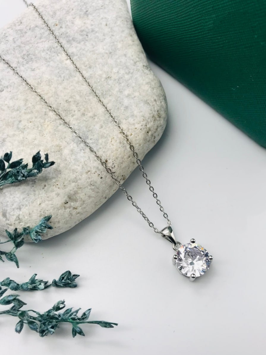 Buy Round Diamond Pendant Minimal Silver Chain Necklace Online