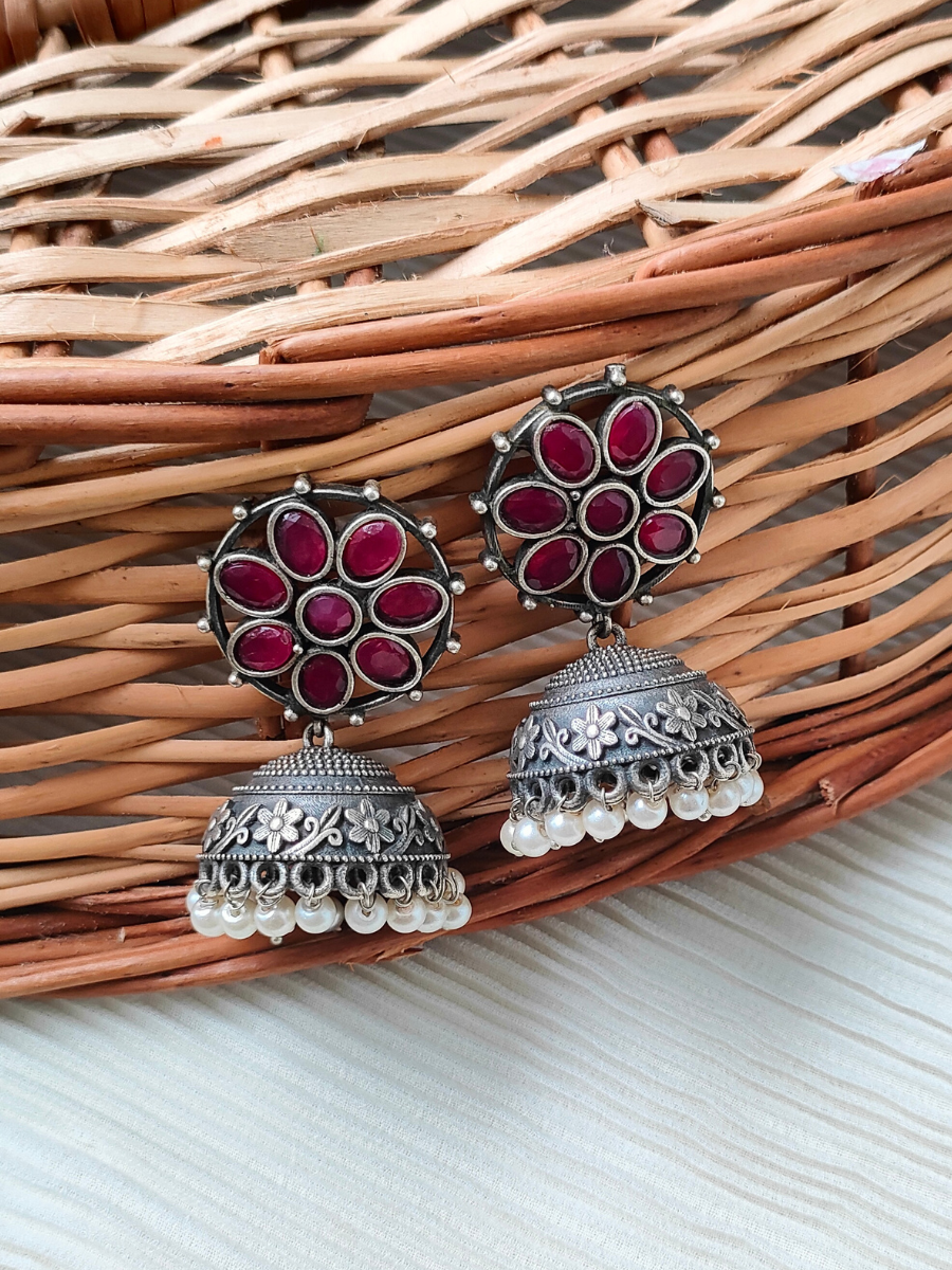 Buy Ruby Red Flower Shaped German Silver Oxidised Jhumka Earrings - TheJewelbox