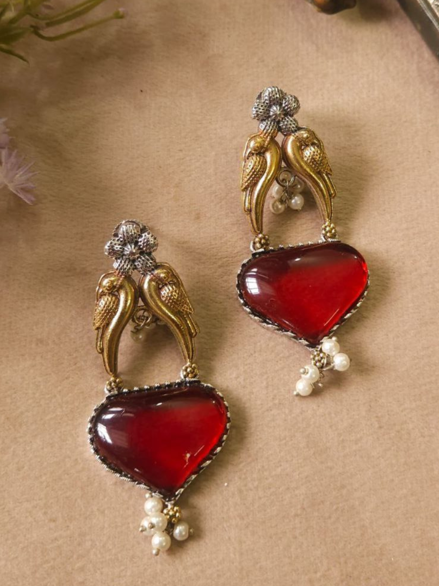 Ruby Red Monalisa Stone Dual Tone Oxidised Stud Earrings