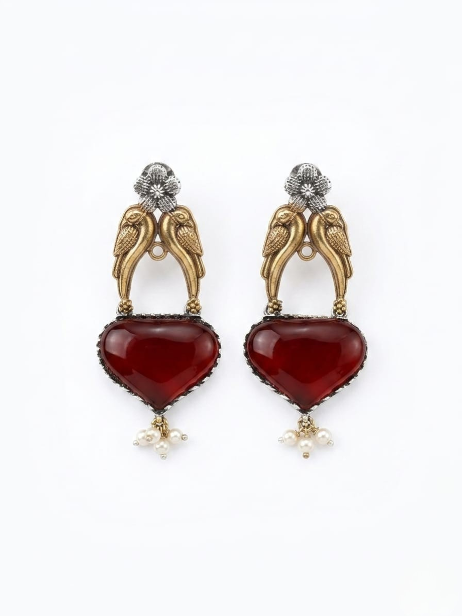 Ruby Red Monalisa Stone Dual Tone Oxidised Stud Earrings