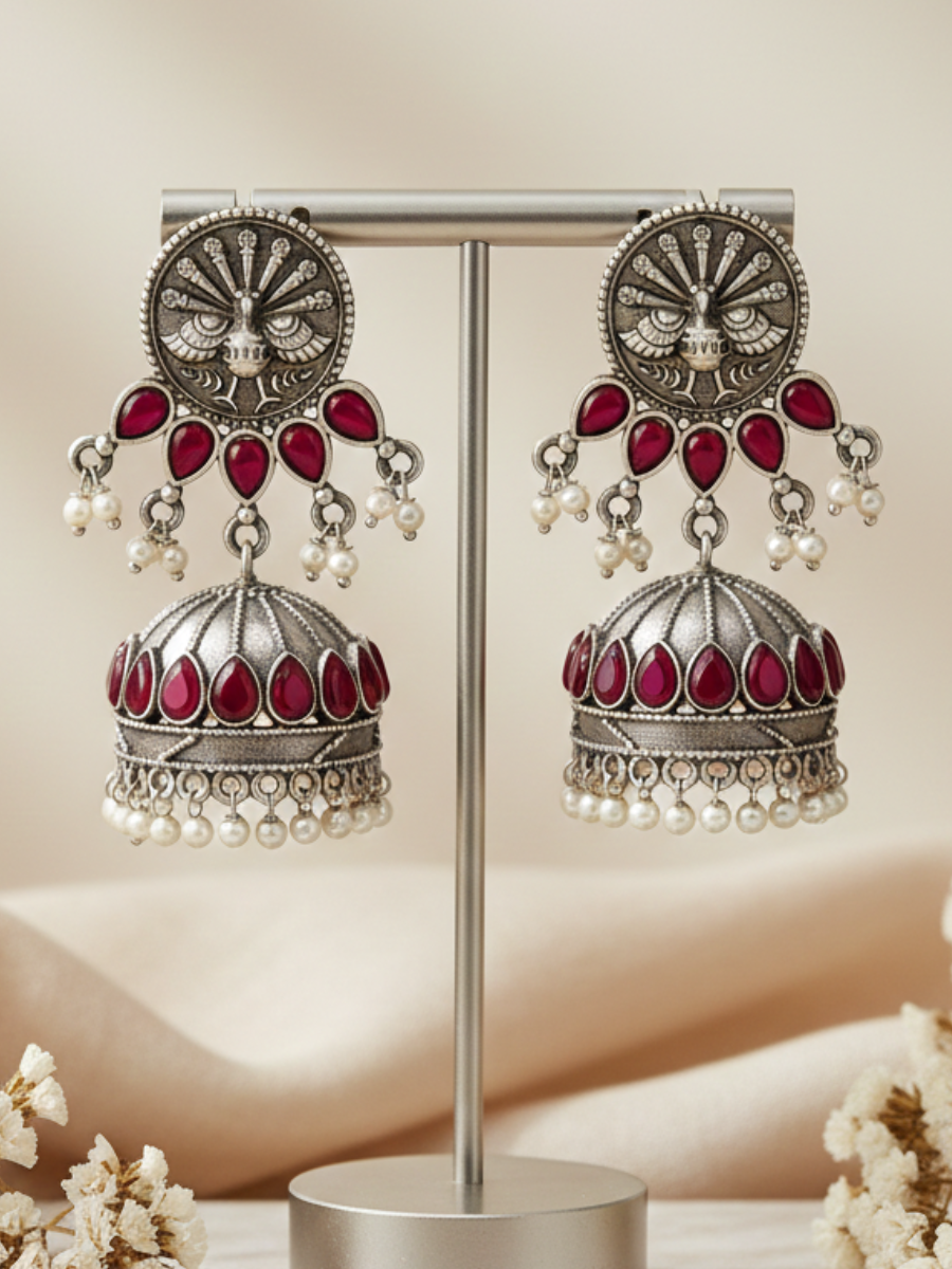 Traditional ruby red stone temple earrings