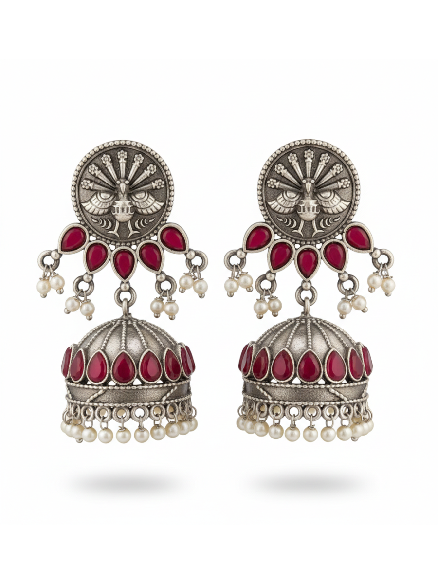 Ethnic silver plated pearl jhumkas