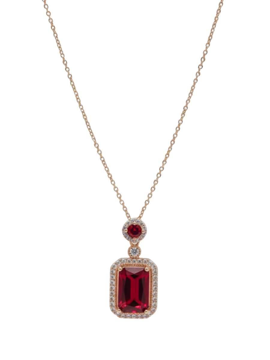 Ruby Red Rectangular Pendant Rose Gold Chain Necklace