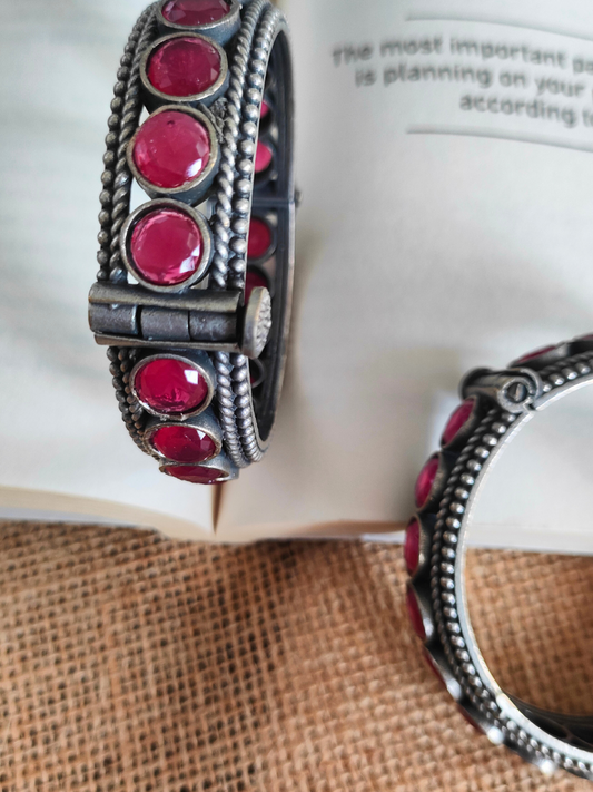 Ruby Red Round Stone German Silver Oxidised Bangle