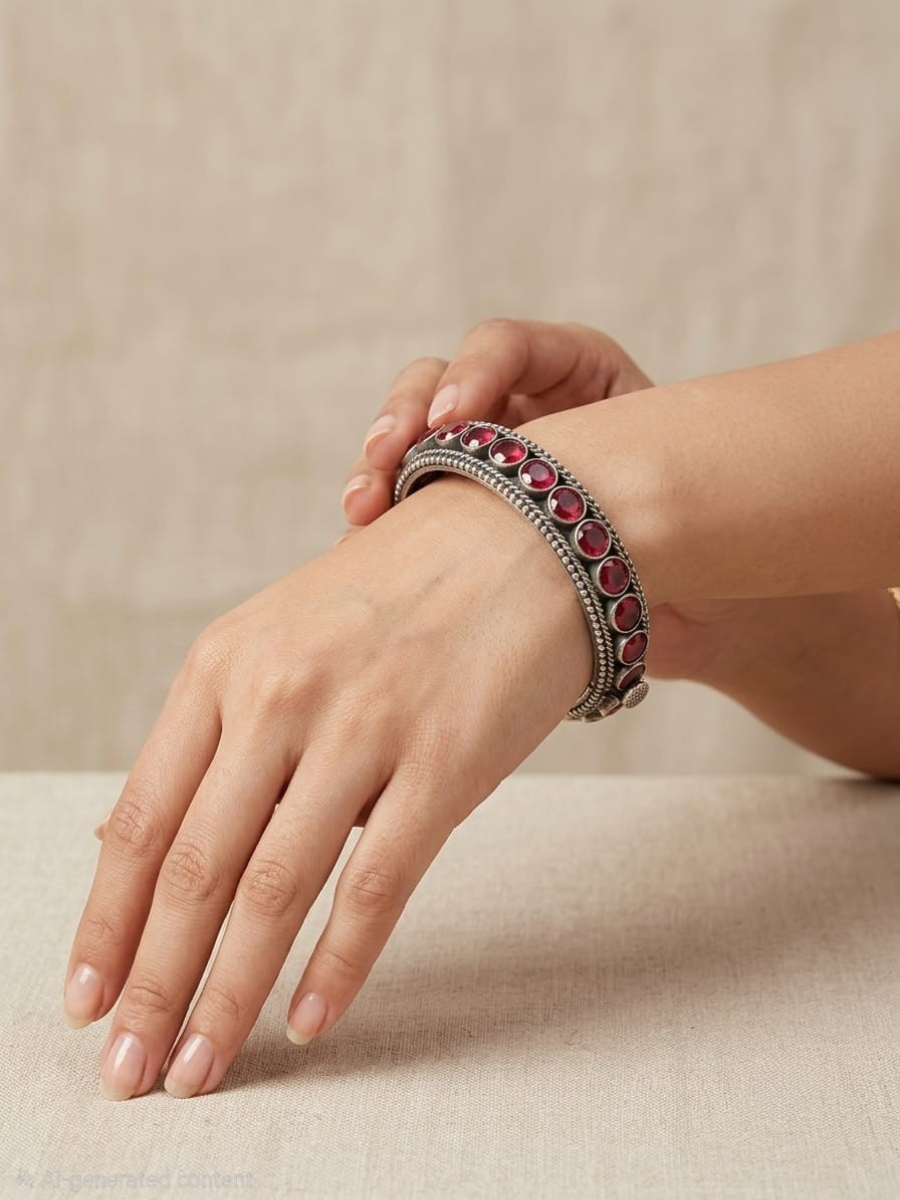 A model is wearing our Ruby Red Round Stone German Silver Oxidised Kada Bangle