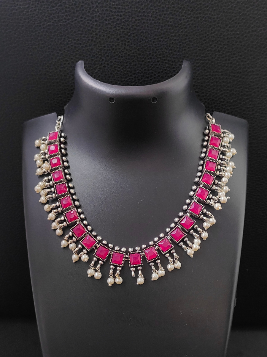 Ruby Red Square Stone Oxidised Silver Choker Necklace