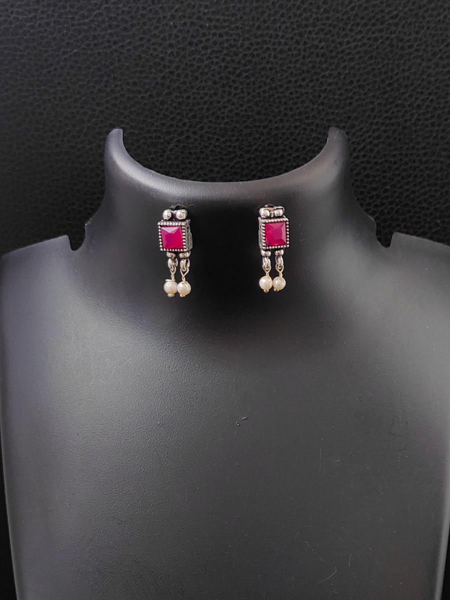 Ruby Red Square Stone Oxidised Silver Earrings