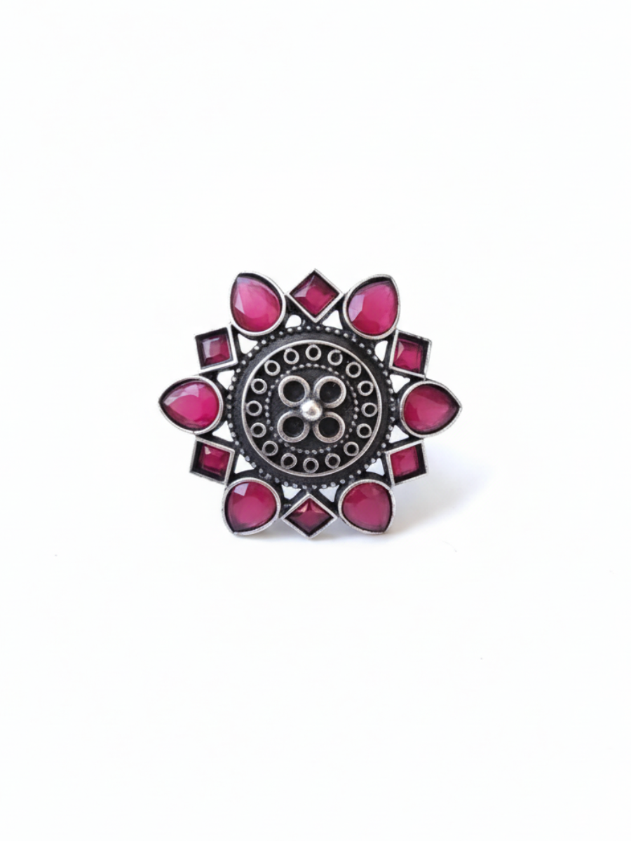 Ruby Red Stone Flower Shaped German Silver Oxidised Big Ring