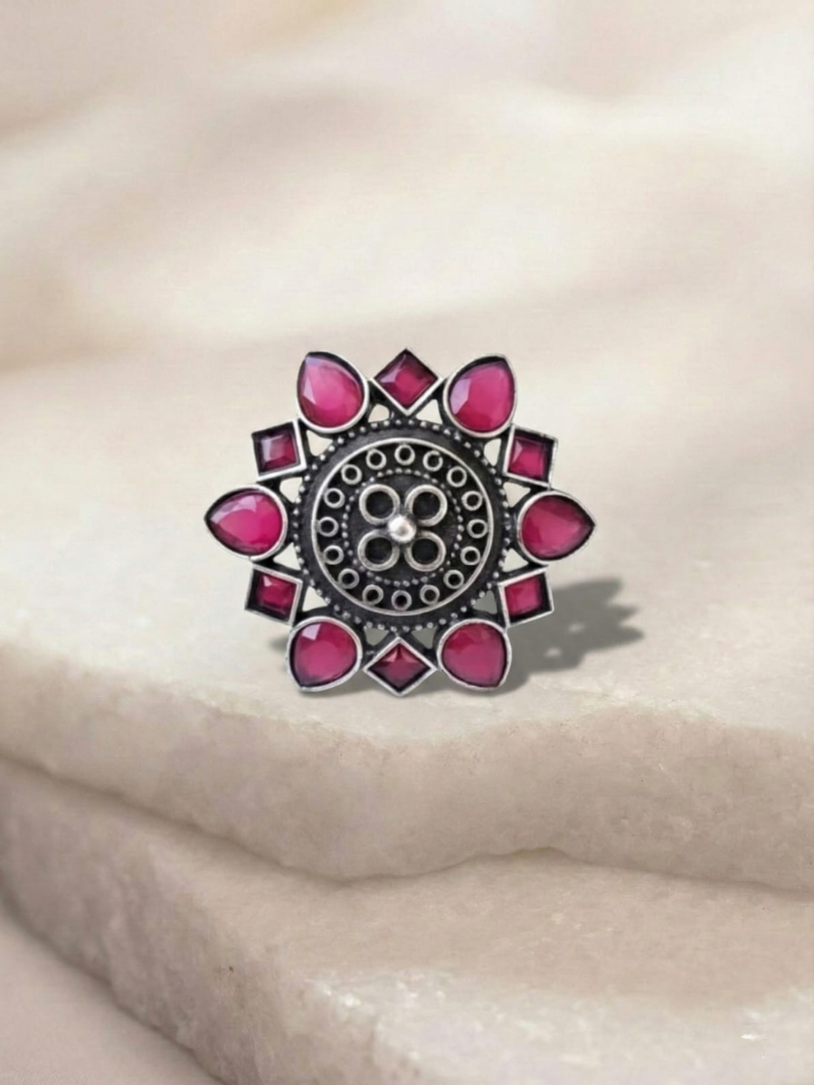 Buy Ruby Red Stone Flower Shaped German Silver Oxidised Big Ring Online in India - TheJewelbox