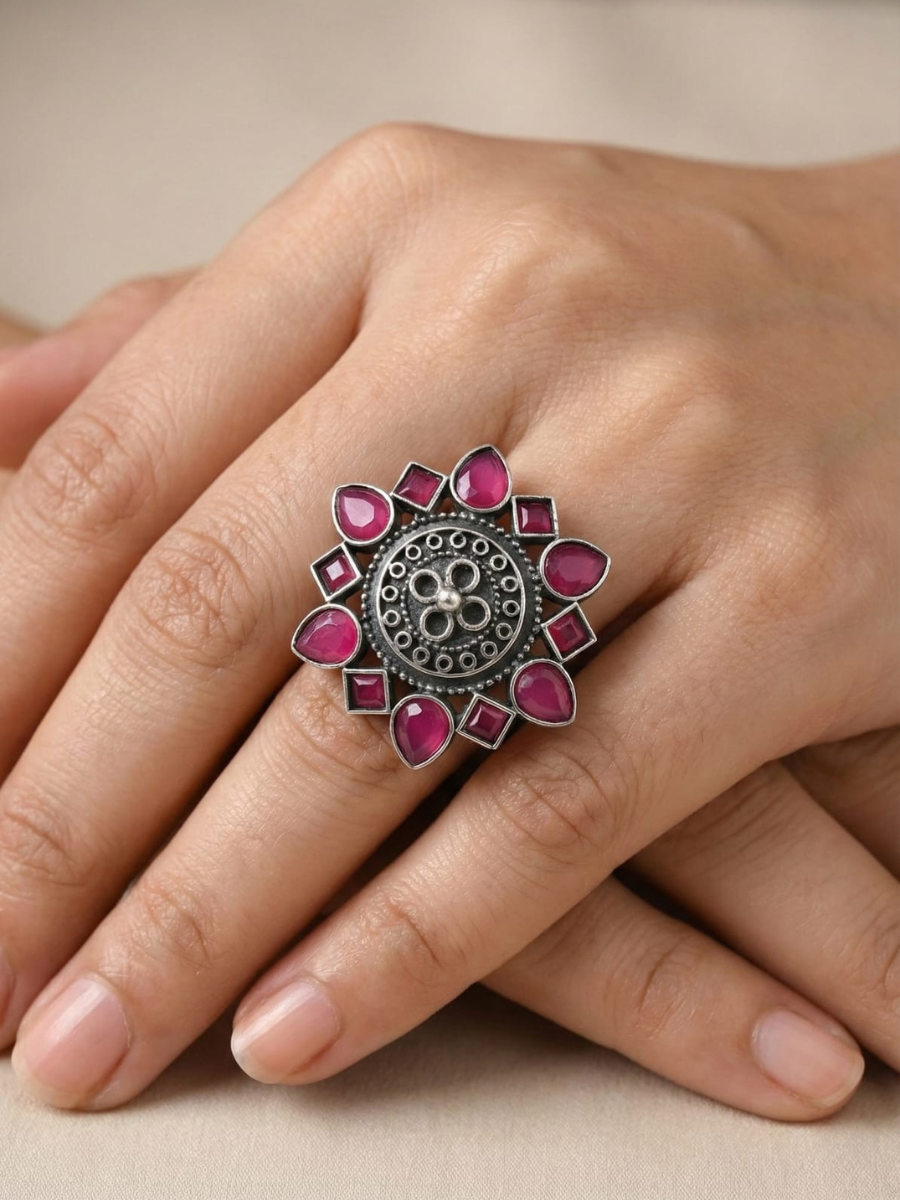 Ruby Red Stone Flower Shaped German Silver Oxidised Big Ring