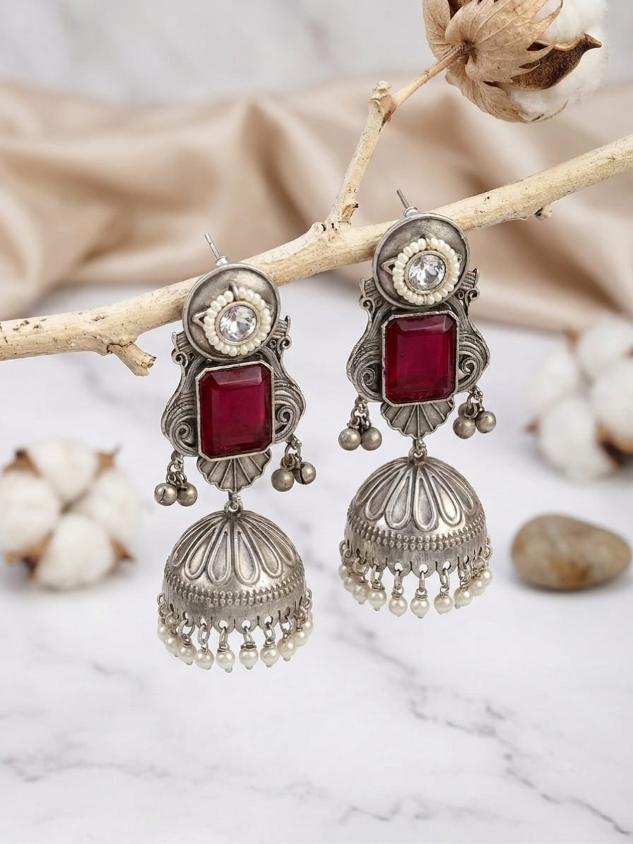 Buy Ruby Red Stone Studded German Silver Oxidised Big Jhumka Earrings Online in India