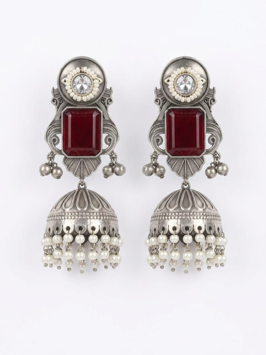 Ruby Red Stone Studded German Silver Oxidised Big Jhumka Earrings