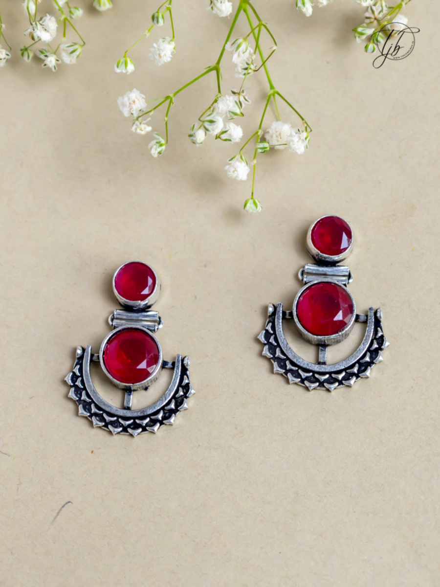 Buy Ruby Red Stone Studded Oxidised Silver Dangler Earrings Online - TheJewelbox