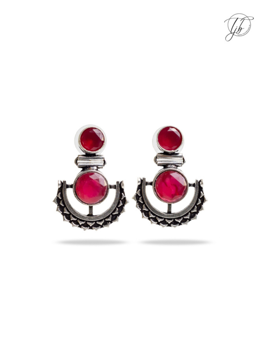 Ruby Red Stone Studded Oxidised Silver Dangler Earrings