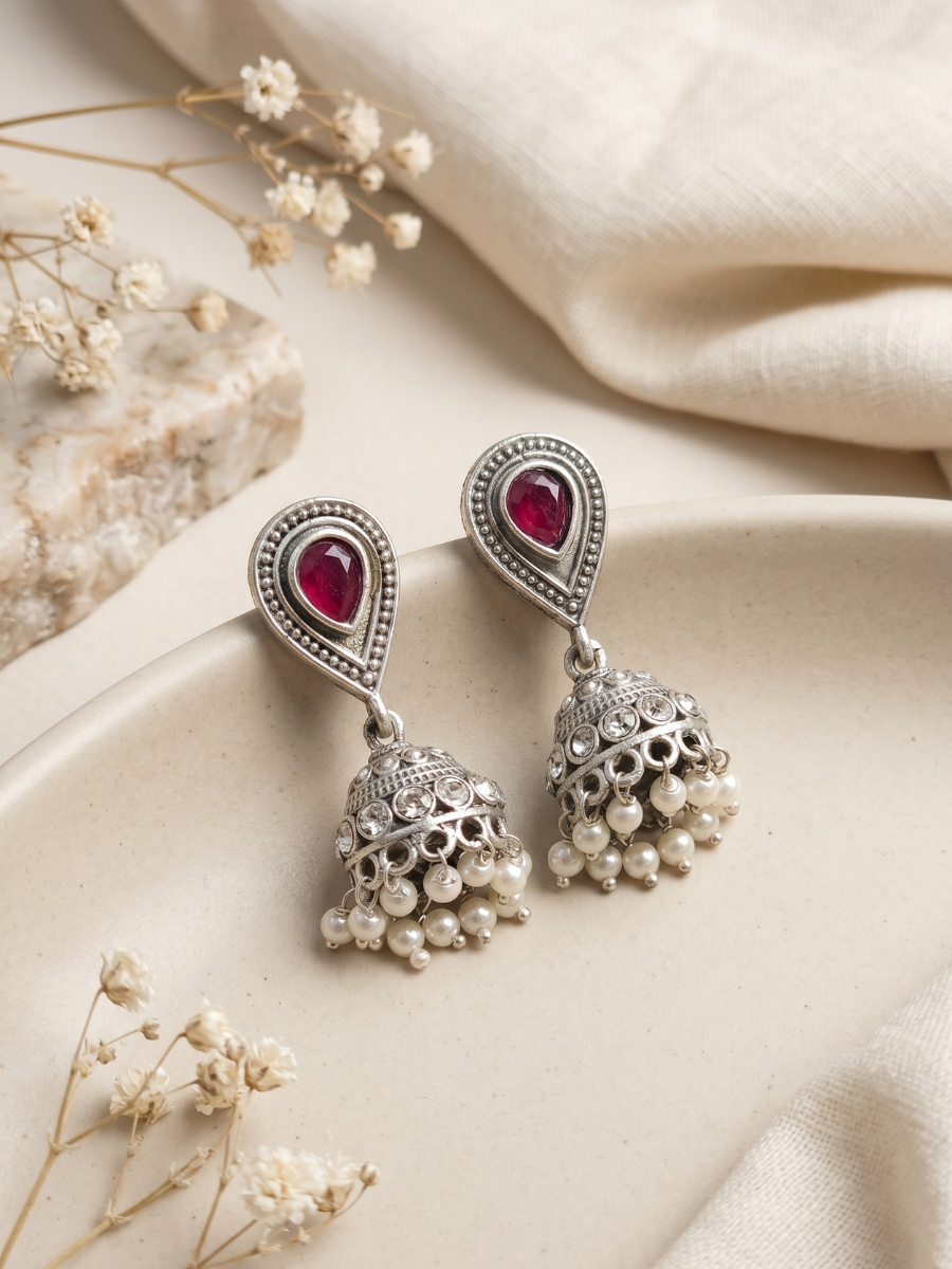 Buy Ruby Red Stone Studded Oxidised Silver Small Jhumka Earrings Online in India