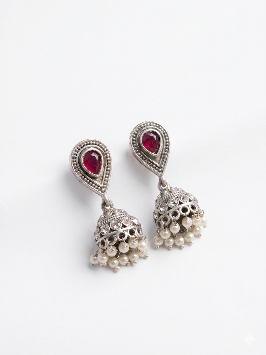 Ruby Red Stone Studded Oxidised Silver Small Jhumka Earrings
