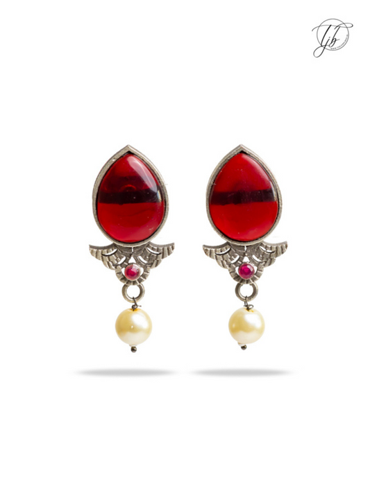 Ruby Red Stone Studded Oxidised Silver Stud Earrings