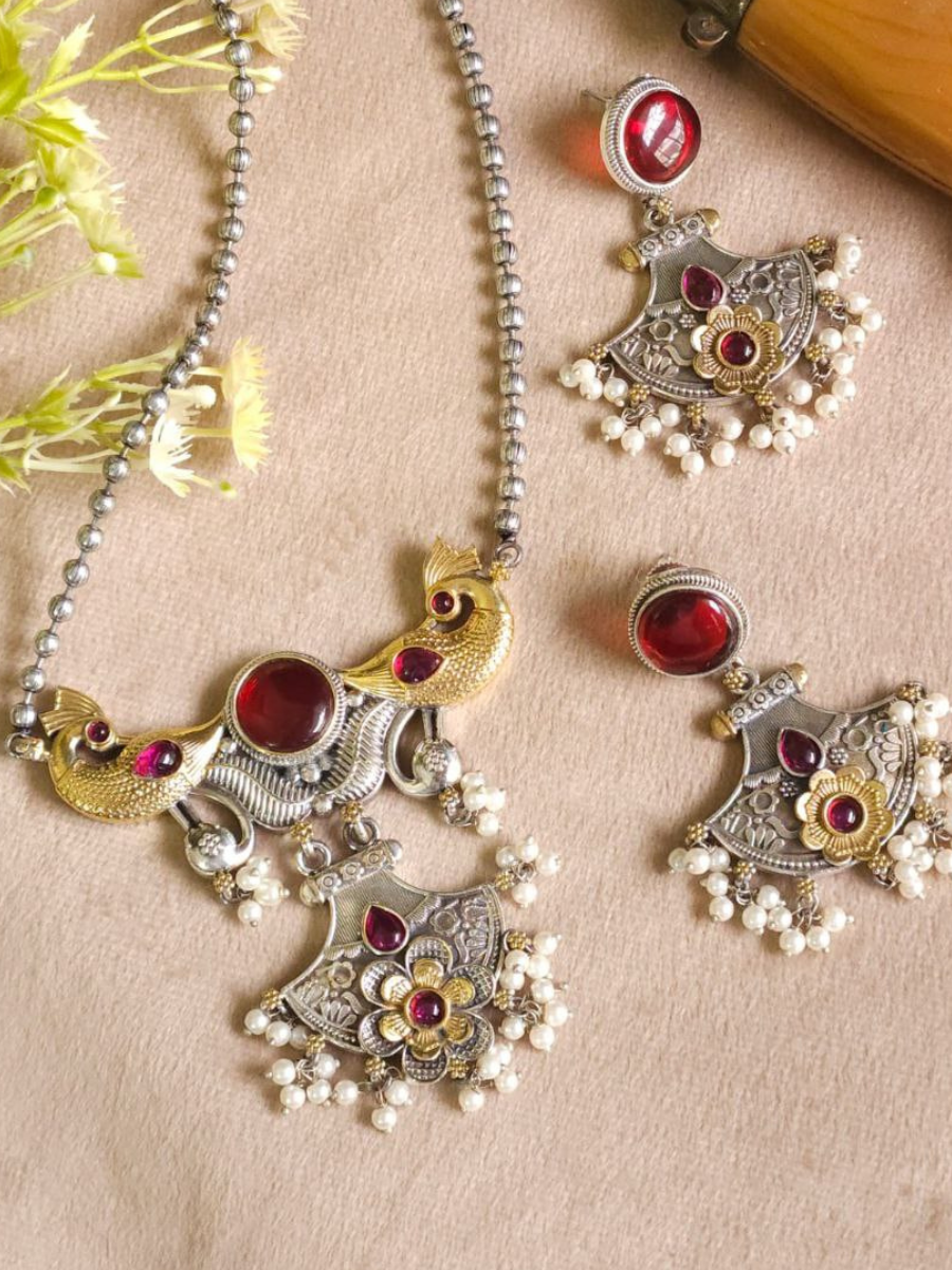 Ruby Red Stones Dual Tone Oxidised Long Chain Necklace Set