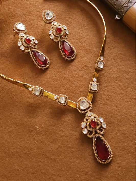 Ruby Red Stones Kundan Studded Golden Hasli Necklace
