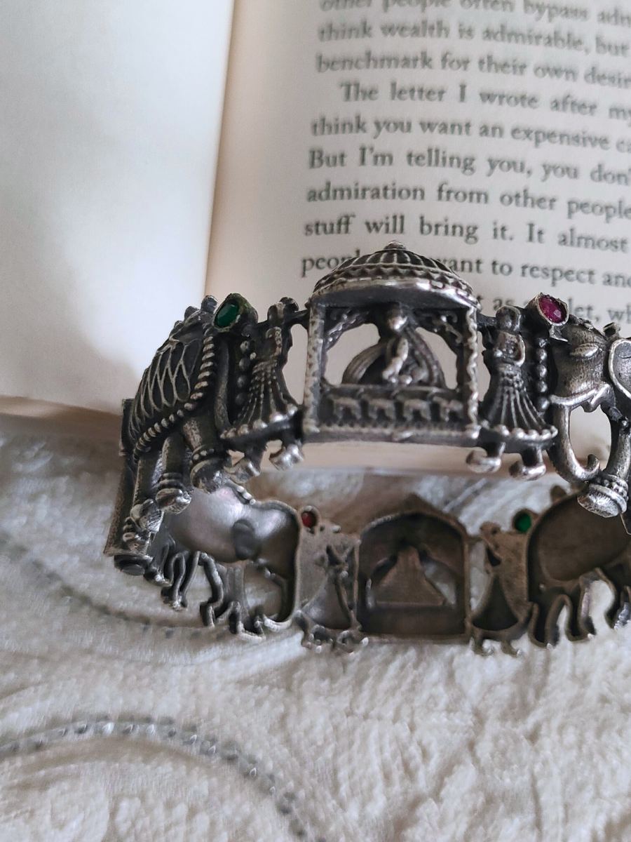 Ruby Red and Green Elephant Shaped German Silver Kada