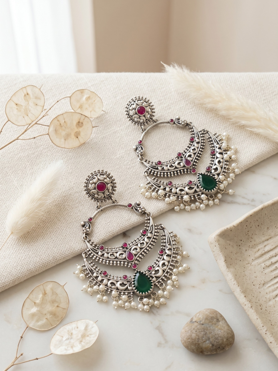 Buy Ruby Red and Green Stone German Silver Oxidised Chandbali Earrings Online in India