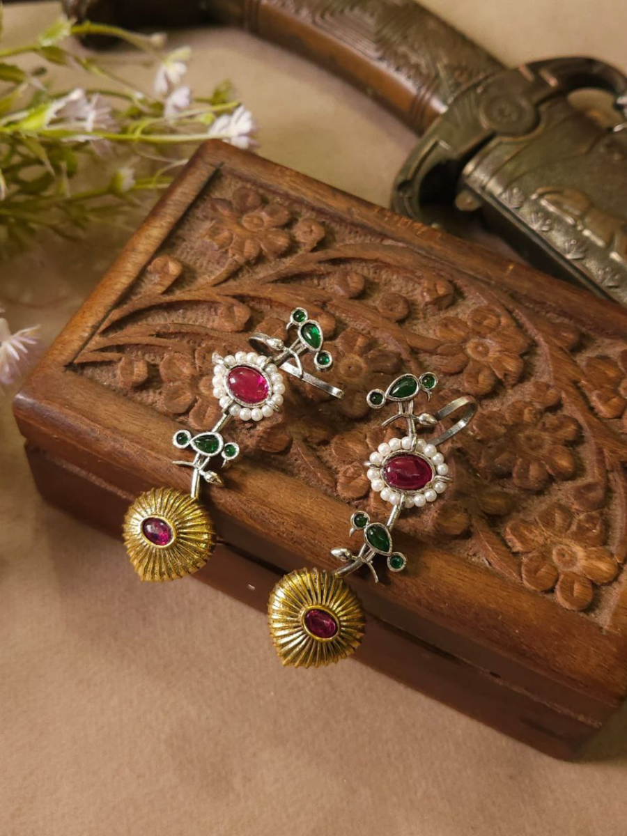 Buy Ruby Red and Green Stones Dual Tone Oxidised Bird Earcuffs Online - TheJewelbox