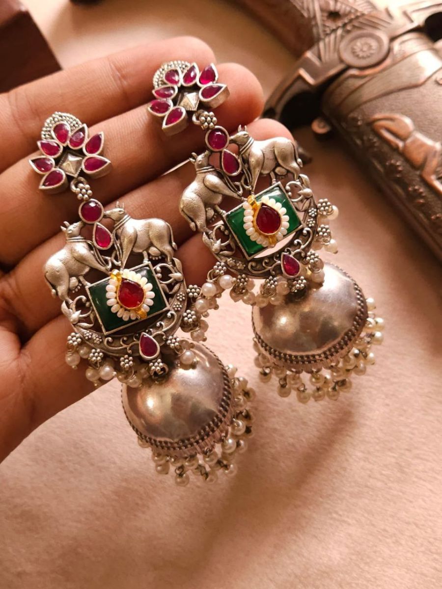 Buy Ruby Red and Green Stones Kundan Studded Big Oxidised Earrings - TheJewelbox