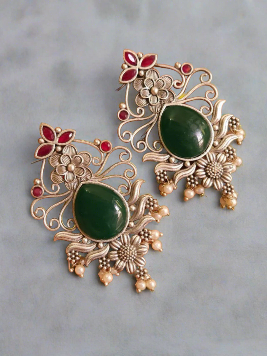 Ruby Red and Green Stones Oxidised Silver Stud Earrings
