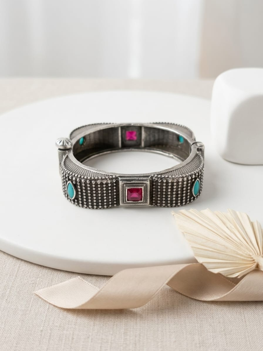 Buy Ruby Red and Sea Green German Silver Oxidised Square Kada Online in India