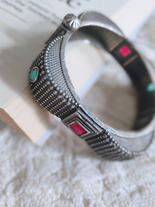 Buy Ruby Red and Sea Green German Silver Oxidised Square Kada