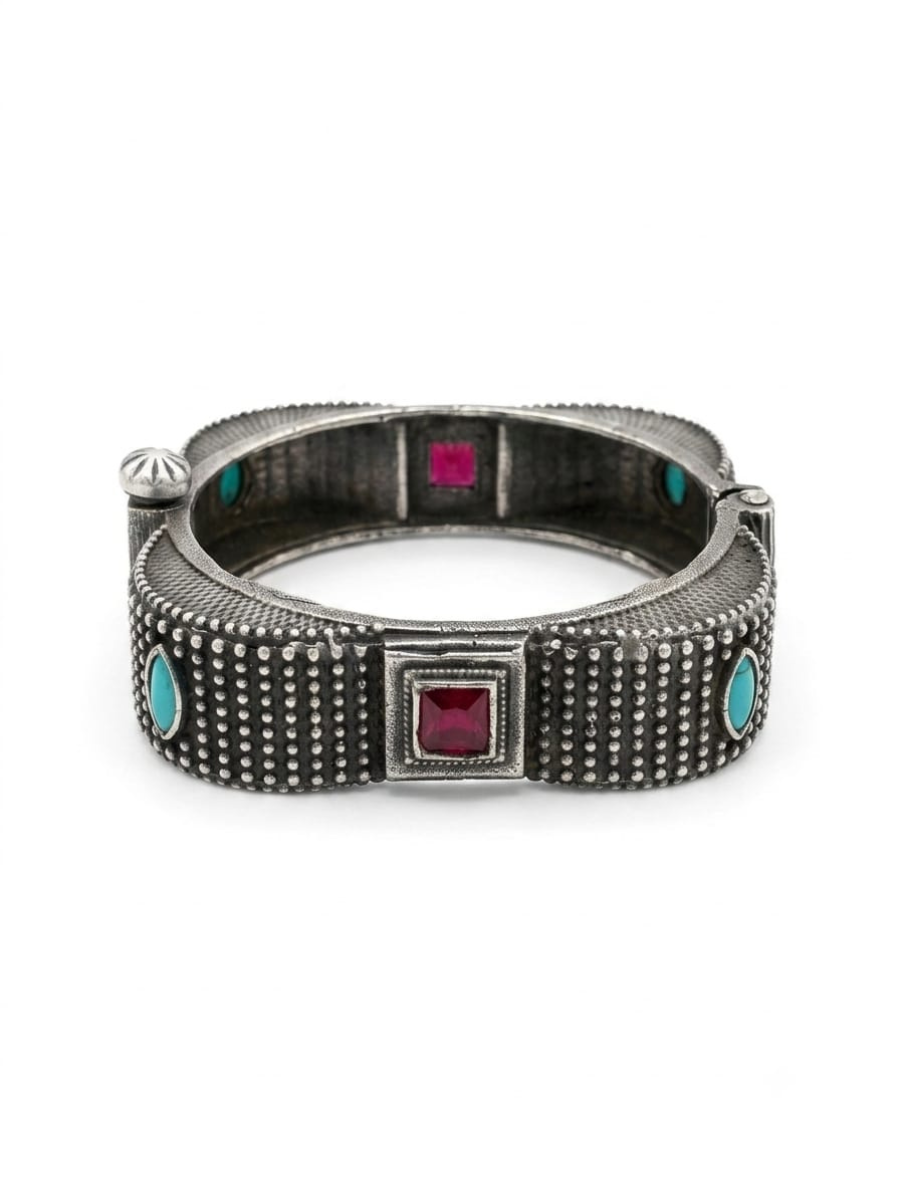 Ruby Red and Sea Green German Silver Oxidised Square Kada