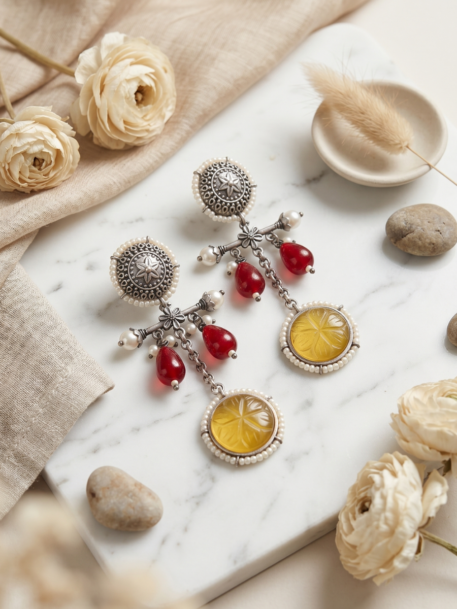 Buy Ruby Red and Yellow Stone Oxidised Silver Drop Earrings Online in India