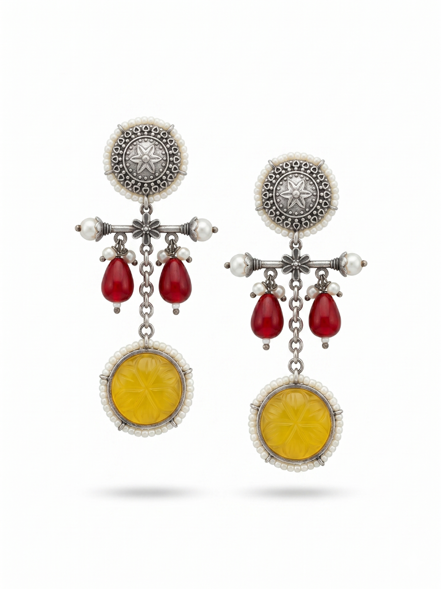Ruby Red and Yellow Stone Oxidised Silver Drop Earrings