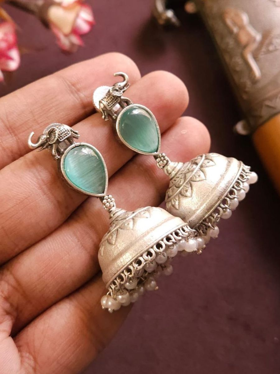 Sea Green Monalisa Stone Elephant Big Jhumka Earrings