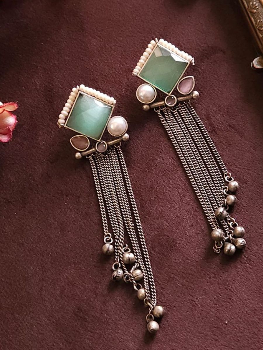 Sea Green Monalisa Stone Oxidised Silver Long Earrings