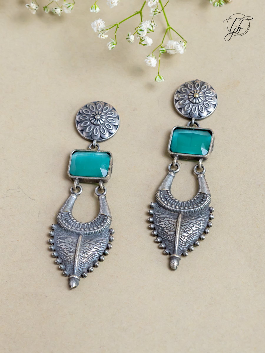Buy Sea Green Stone Long German Silver Earrings Online - TheJewelbox